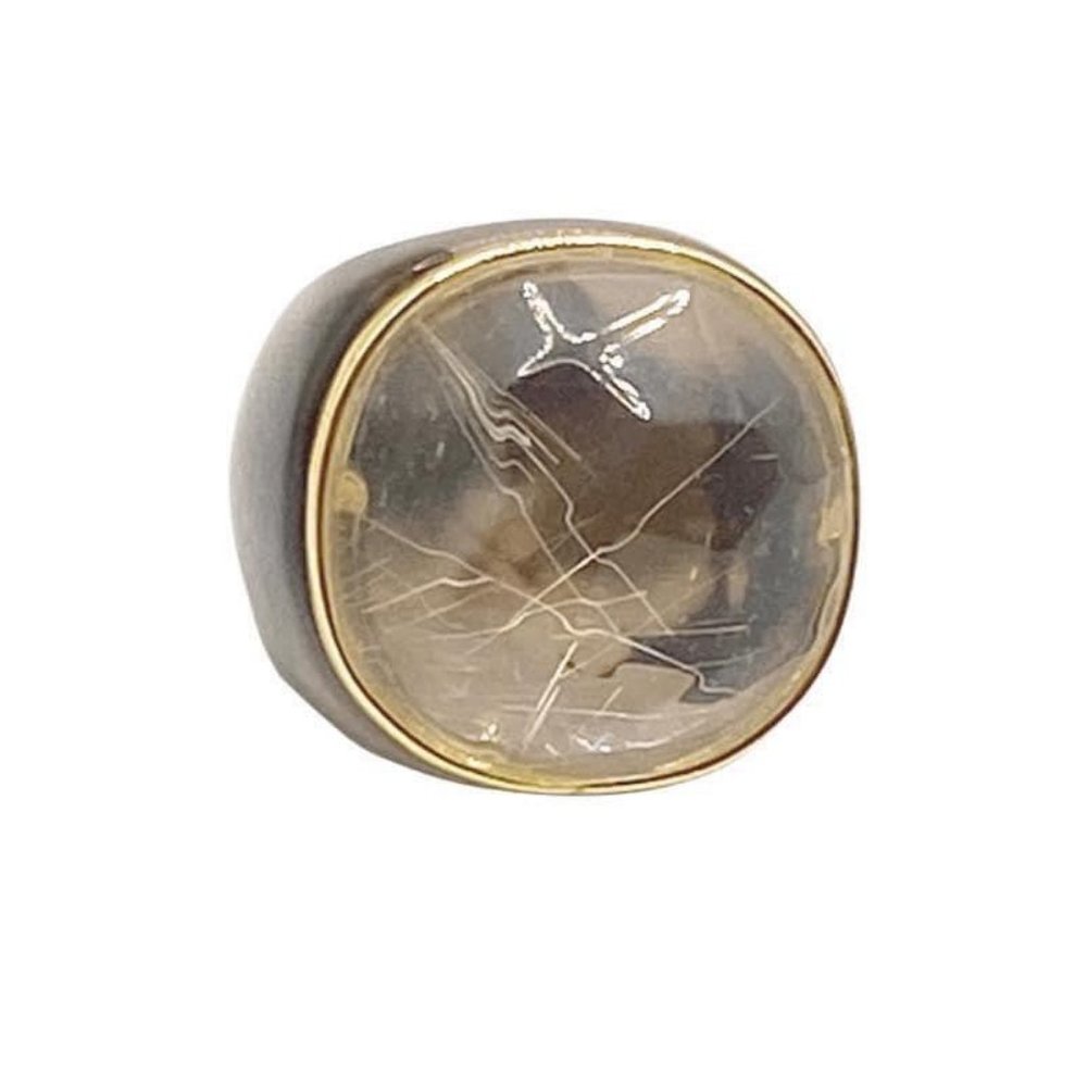 Vintage 18KGP rimmed domed agate statement ring with crystal quartz - size 7. - Picture 4 of 6